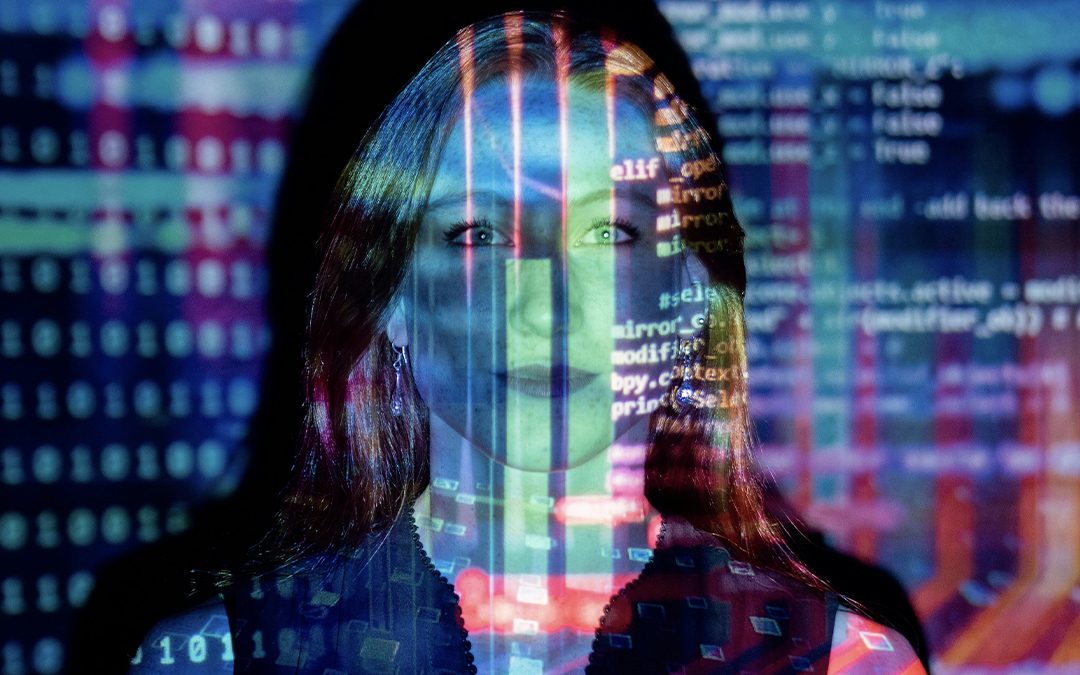 algoritmos de IA passando sobre rosto de mulher