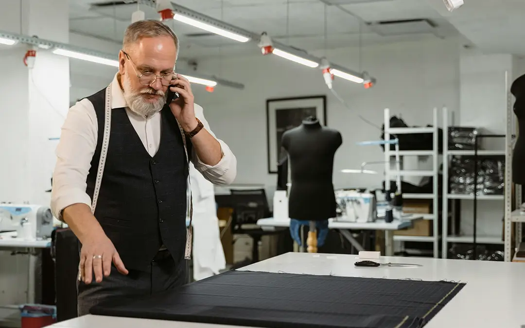 homem de meia idade, alfaiate, falando ao telefone no atelier