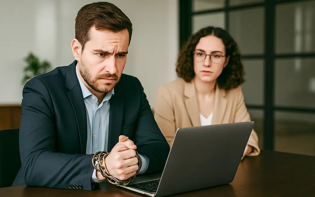 mulher observando homem com mãos acorrentadas olhando para um laptop