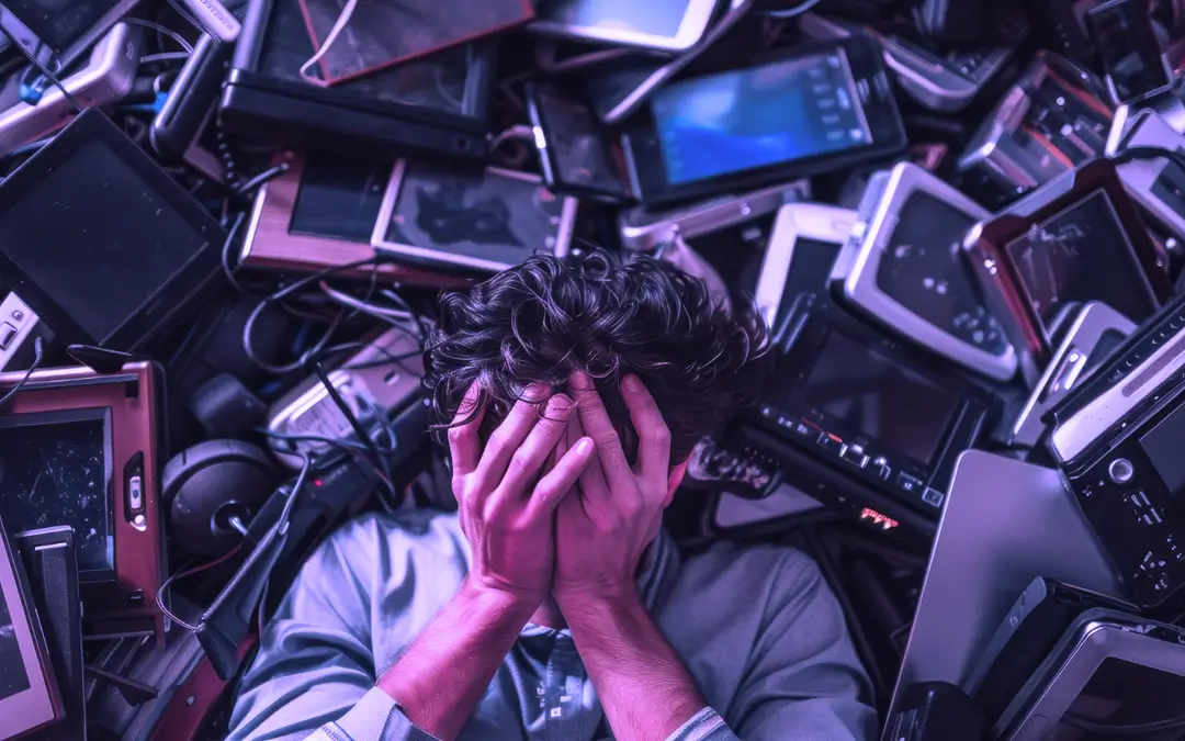 homem cobrindo o rosto em desespero no meio de uma pilha de lixo eletrônico