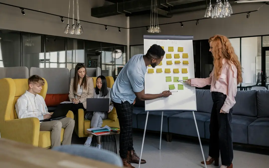 equipe trabalhando com uso de flipchart