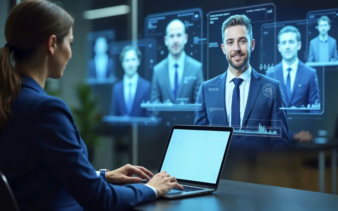 mulher com laptop fazendo seleção de candidatos, projetados ao fundo