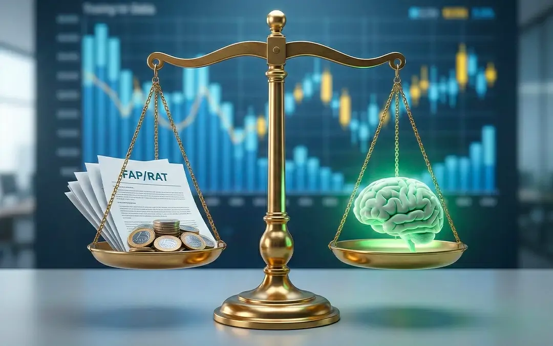 balança com moedas e papéis de uma lado e um cérebro ilustrativo do outro lado