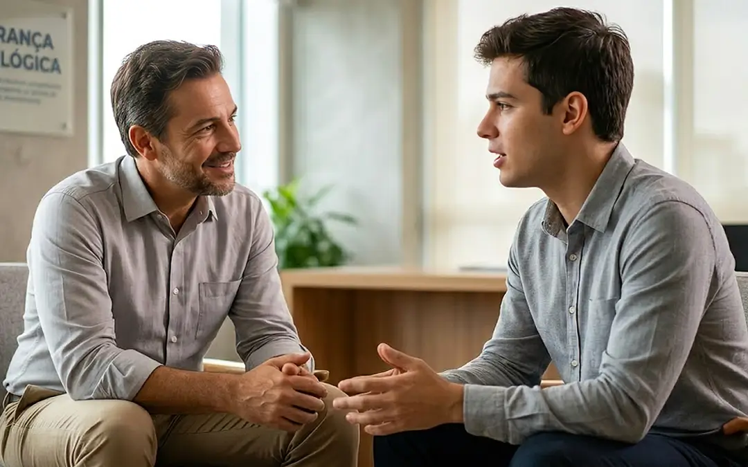 dois homens sentados conversando