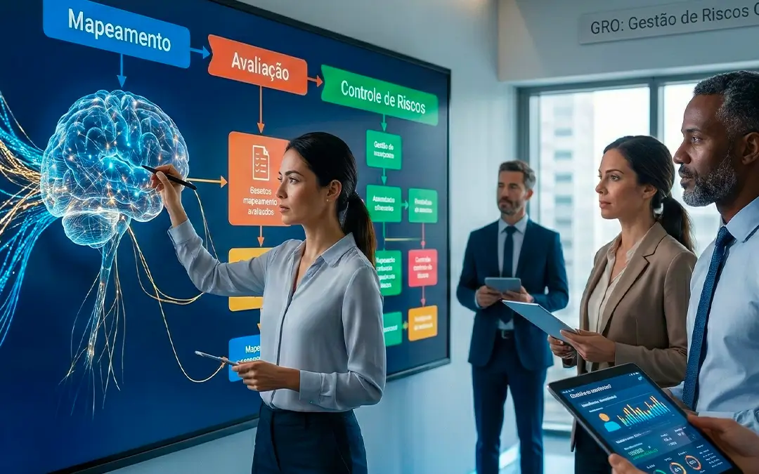 equipe observando e analisando gestora em tela grande com análises