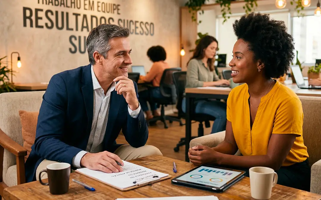 homem e mulher, colegas de trabalho, conversando no lounge da empresa