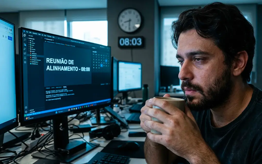 homem cansado com uma caneca na mão em frente a monitores no escritório