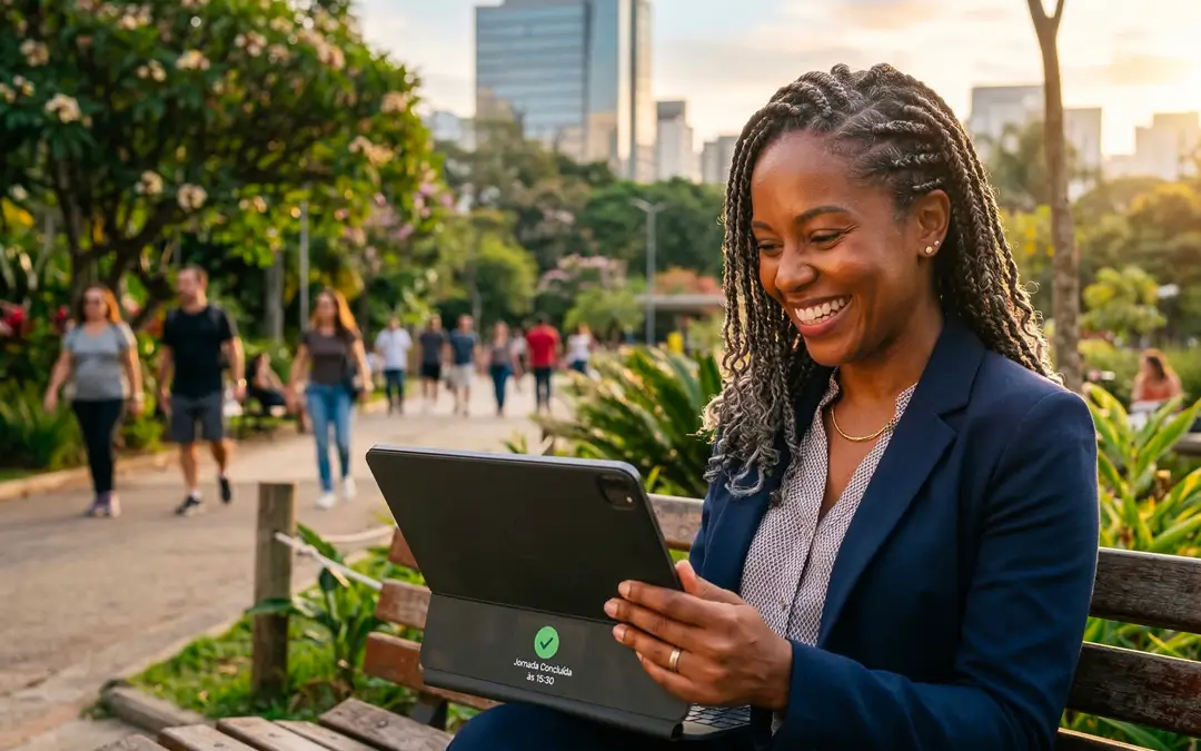 linda mulher negra sorrindo, sentada num banco de praça trabalhando com um tablet