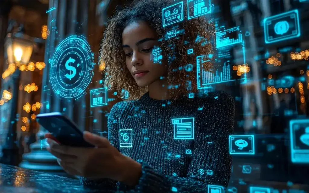 mulher jovem olhando o celular com códigos e dados ao redor