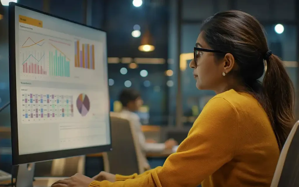 gestora de RH analisando gráficos em grande monitor