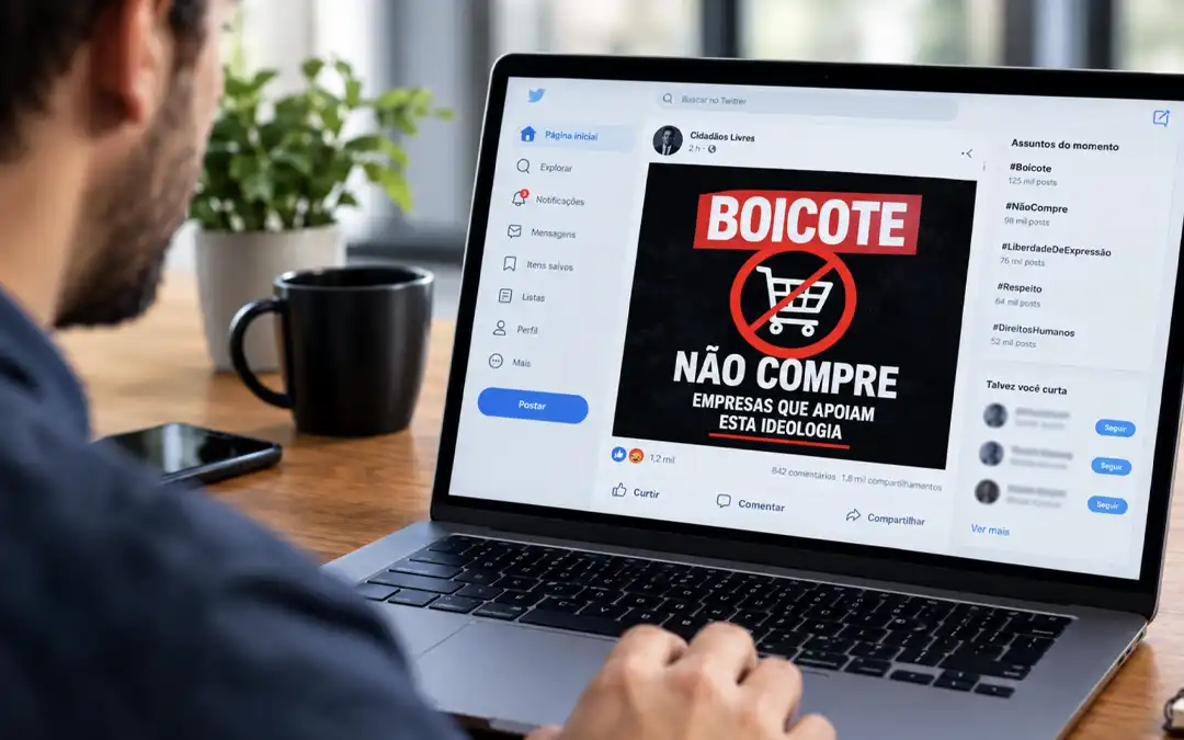 Homem acessando no laptop conteúdo de incentivo a boicote a comerciantes de outro espectro político