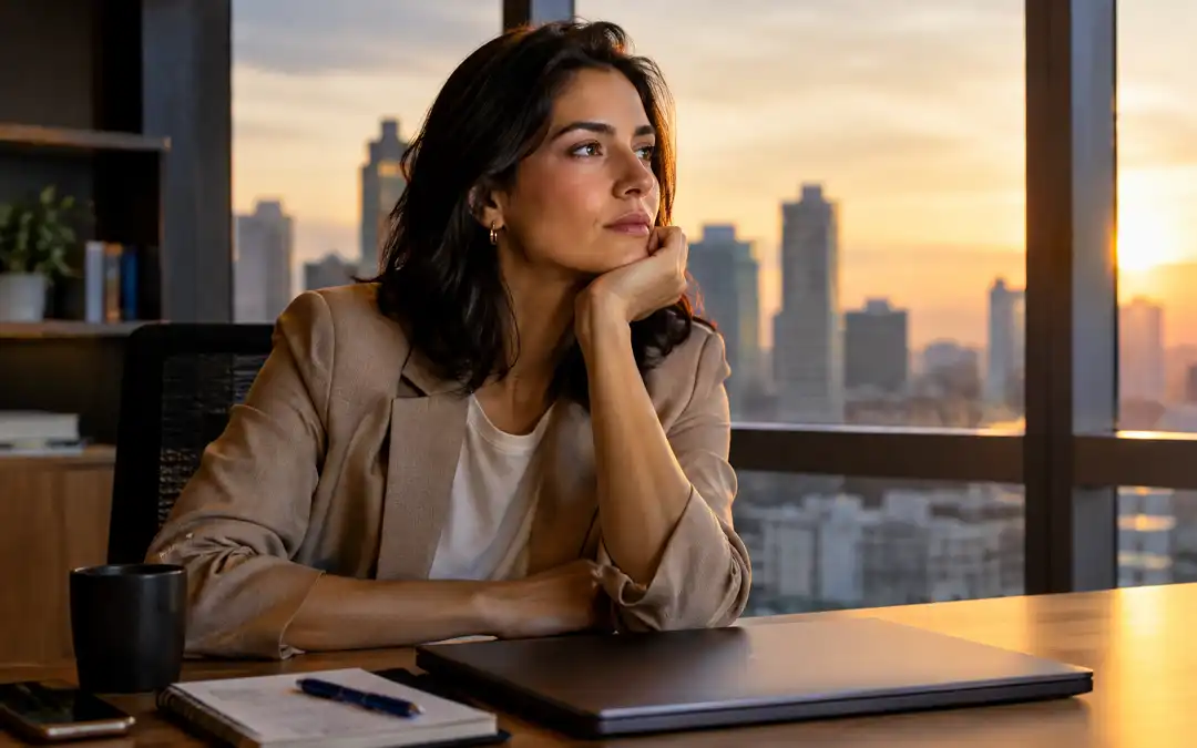 Mulher pensativa no escritório.